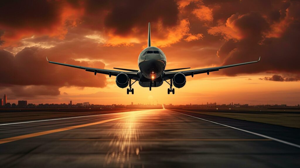 A commercial airplane is landing on a runway at sunset, with dramatic clouds and orange sky in the background.