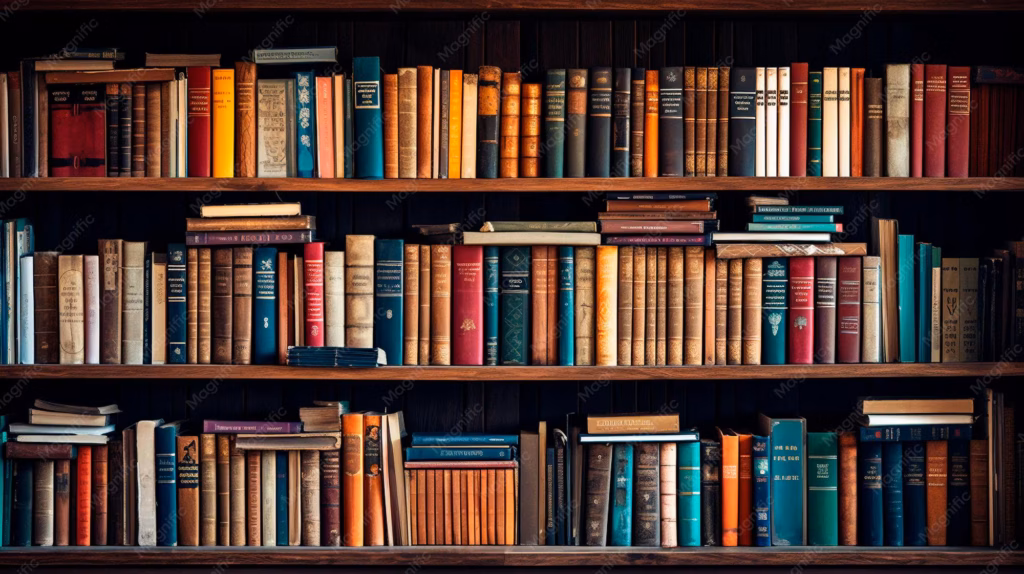 A wooden bookshelf filled with three rows of assorted hardcover and paperback books, arranged upright and stacked horizontally.