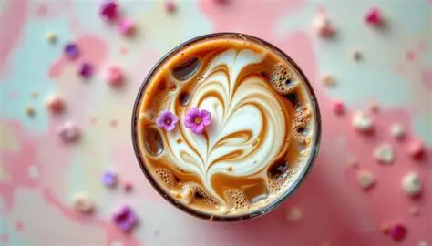 A cup of coffee with heart-shaped latte art and a small purple flower on top, surrounded by scattered pink and purple flower-shaped decorations.