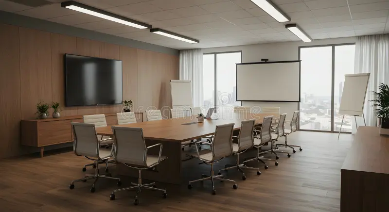 Modern conference room with a long table, swivel chairs, two flipcharts, a large screen, and windows overlooking a cityscape.