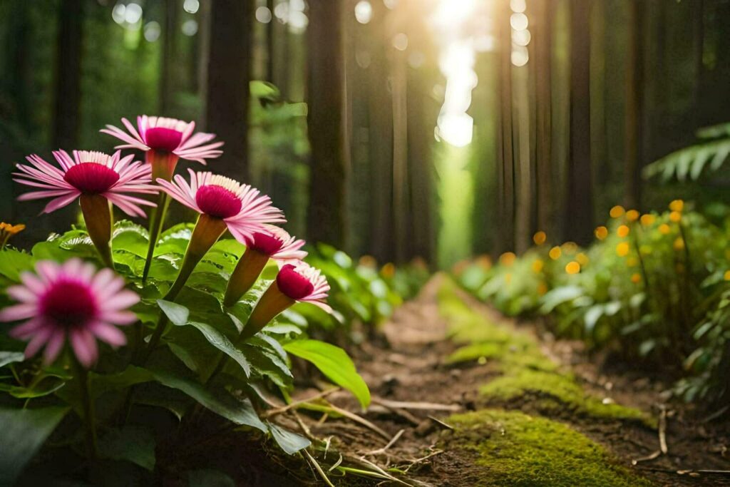 Pink daisy-like flowers grow along a sunlit forest path with tall trees and green moss, with light streaming in from the background.