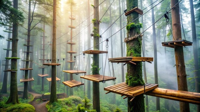 Wooden platforms and steps are suspended between tall trees in a forest, forming an aerial obstacle course. Mist and sunlight filter through the dense green foliage.