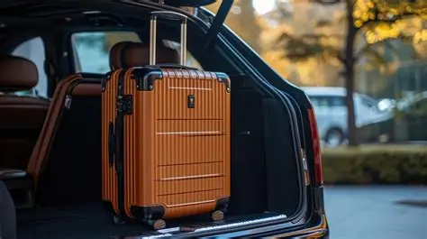 A brown hard-shell suitcase with wheels is placed in the open trunk of a car, with trees and a parked vehicle visible in the background.