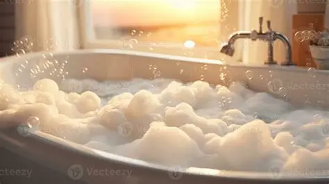A bathtub filled with bubbles sits by a window with sunlight streaming in, creating a warm and relaxing atmosphere.