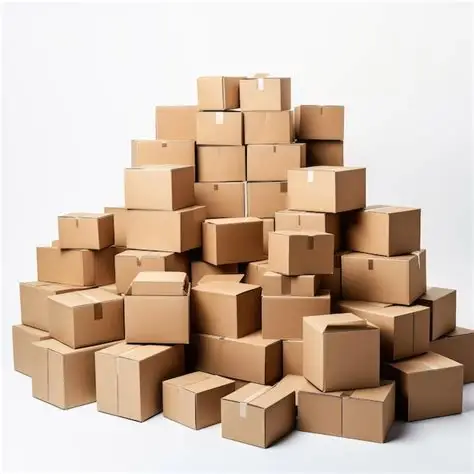 A large stack of closed brown cardboard boxes arranged in a pyramid shape against a plain white background.