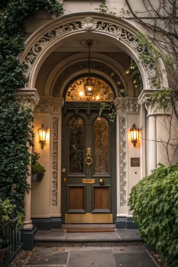 Ornate arched doorway with decorative trim, two wall lanterns, a hanging light, and greenery surrounding the entrance.