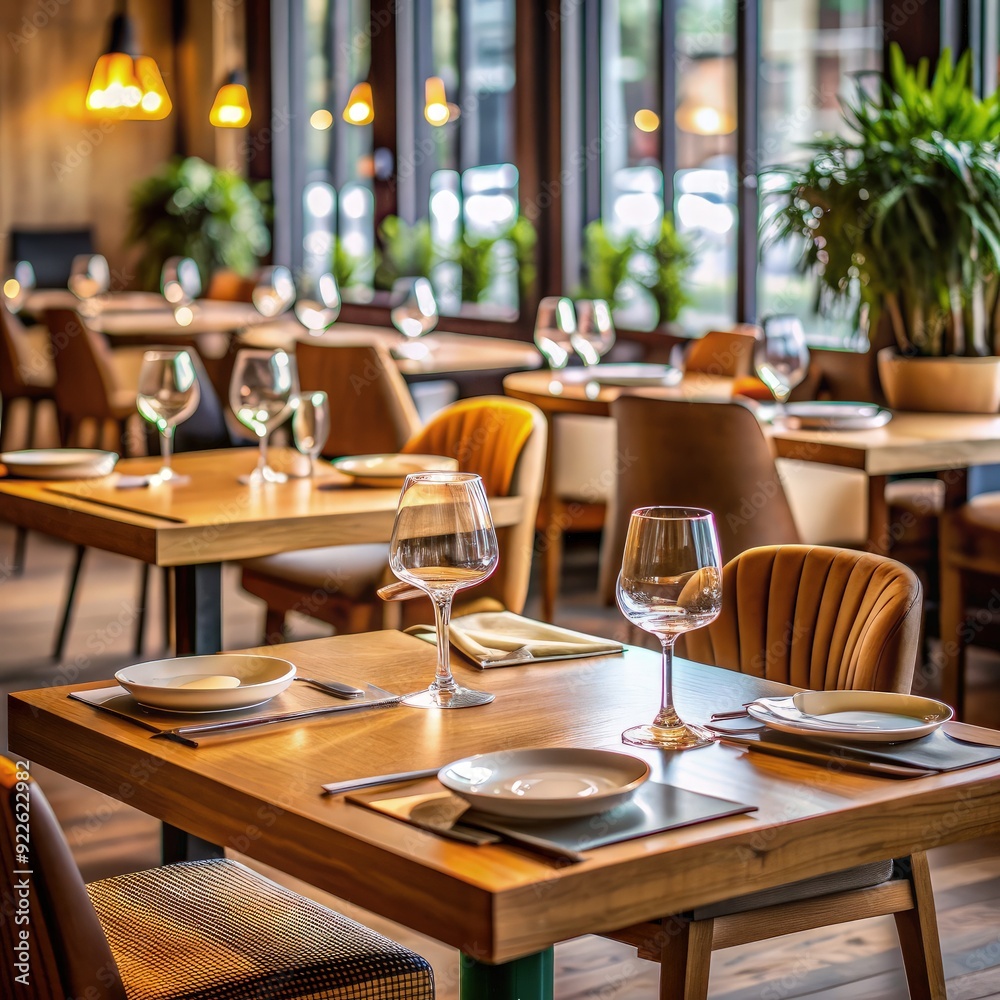 A modern restaurant dining area with wooden tables set with plates, glasses, and silverware. Large windows and potted plants provide a bright, welcoming atmosphere.