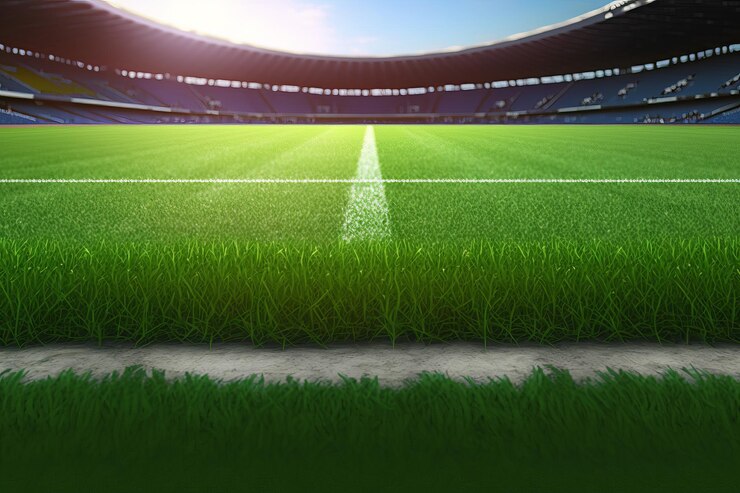 A close-up of a soccer field’s white center line with green grass, empty stadium seats, and sunlight in the background.