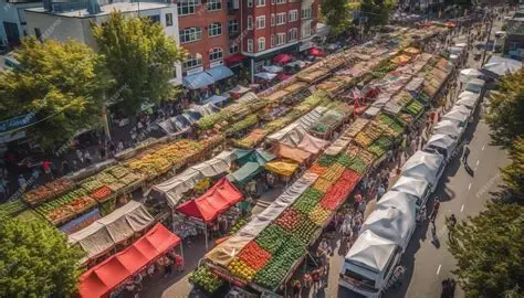 Aerial view of an outdoor market with rows of colorful produce stalls and crowds of people along a city street lined with trees and buildings.